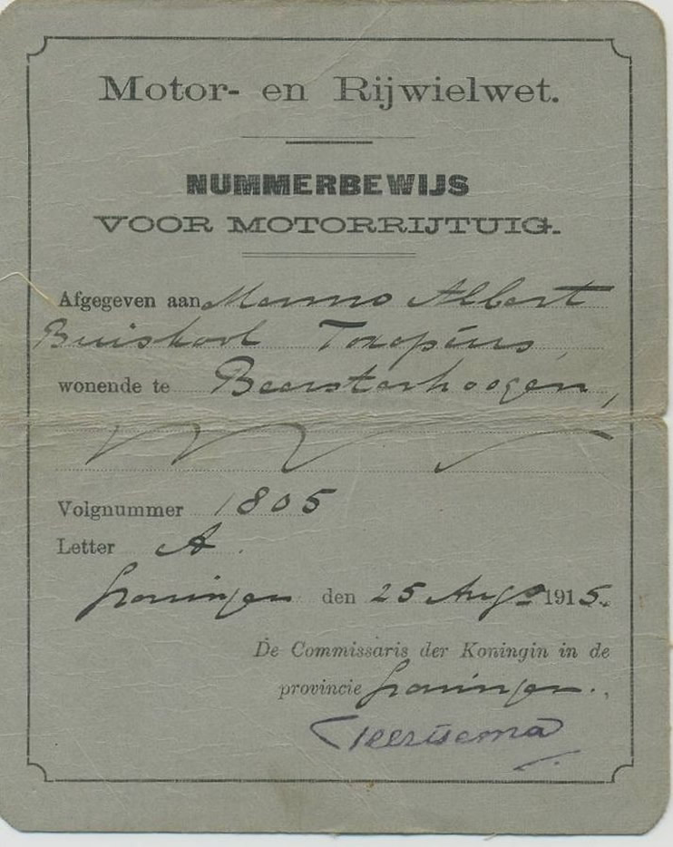 Nummerbewijs A 1805 voor Menno Albert Toxopeus te Beersterhoogen.